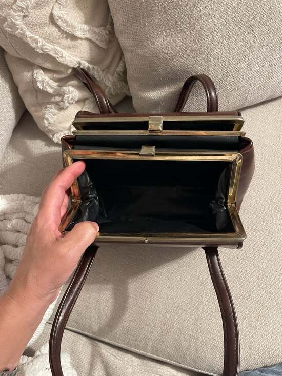 Vintage 1950s Ackery Brown Leather Triple Compartment Frame Handbag - Picture 7 of 9